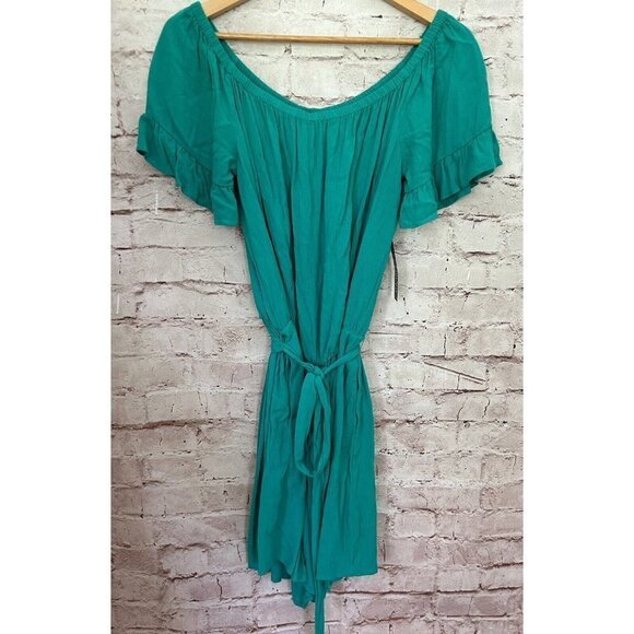 New York & Company Green Off the Shoulder Romper Rayon Tie Waist Size Medium NEW - Picture 1 of 4